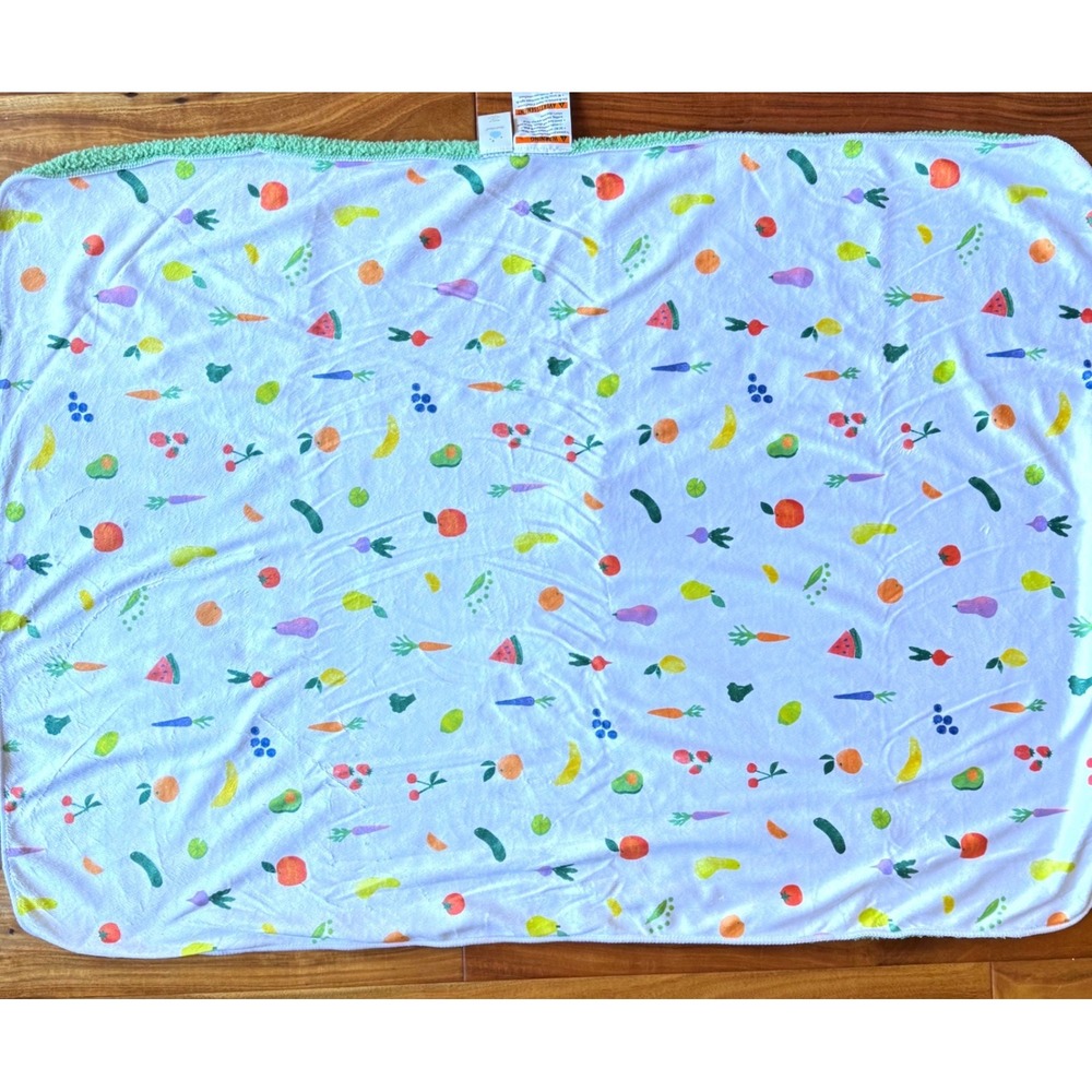 Cloud Island Fruit Vegetable Print Baby Blanket Green Sherpa Fleece 30x38 White